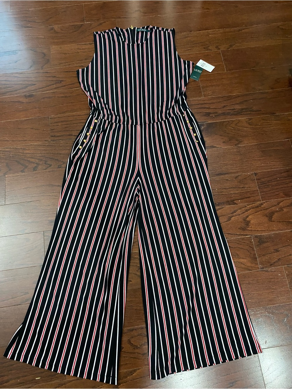 NWT Lauren Ralph Lauren 1X Plus Size Black Red Striped Jumpsuit Stretch Nautical